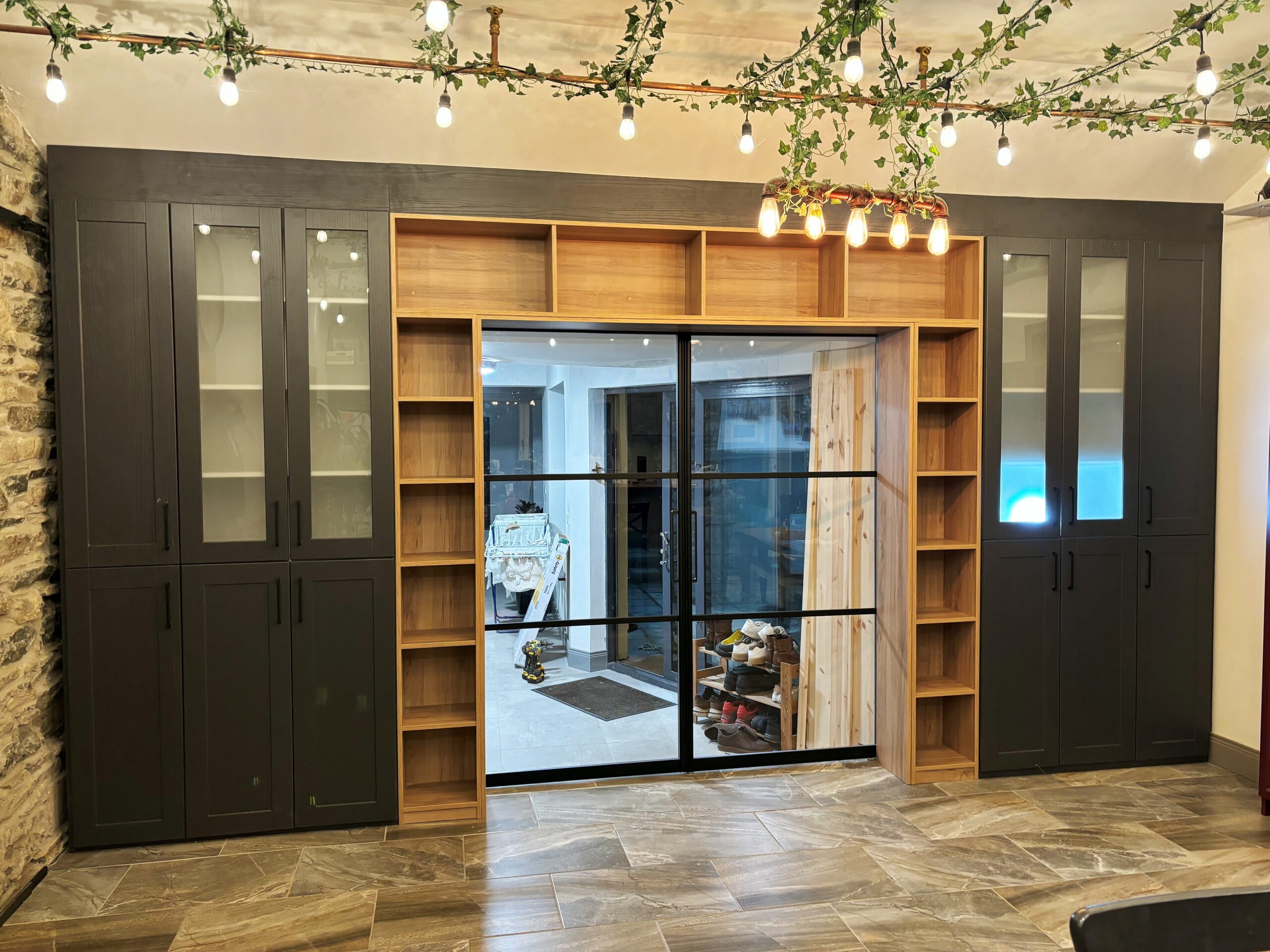 room divider black timber shelving 2
